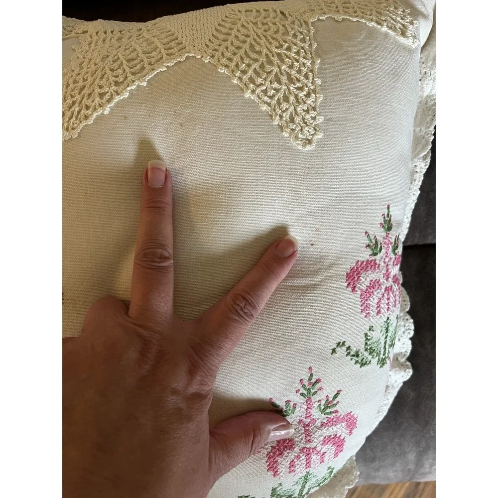 Vintage‎ Handmade Cross Stitch Floral Throw Pillow Cottagecore Shabby Chic Decor